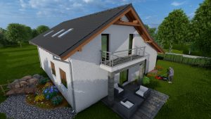 Dvojpodlažný dom 001 je samostatne stojaci dom bez podpivničenia. Je vhodný na rovinatý alebo mierne svahovitý terén. Dom je strednej veľkosti a je určený pre 5 až 7-člennú rodinu. Jeho vnútorné priestory sú praktické a pohodlné. Prízemie je riešené ako denná časť domu, ktorú tvorí zádverie, kuchyňa s komorou a jedálňou, obývacia izba a hosťovská izba (alebo spálňa rodičov). Môže to byť aj pracovňa. Na prízemí je tiež kúpeľňa s WC, garáž s kotolňou. Z obývacej izby vedie východ na terasu. Poschodie je riešené ako nočná časť domu a tvoria ho tri izby s výstupom na balkón, kúpeľňa, WC, šatník a schodisko. Dom je postavený z klasických materiálov. Steny sú z keramických tehál alebo tvárnic. Strop je z betónových tvárnic. Strecha je z dreva a pokrytá betónovými alebo keramickými škridlami.