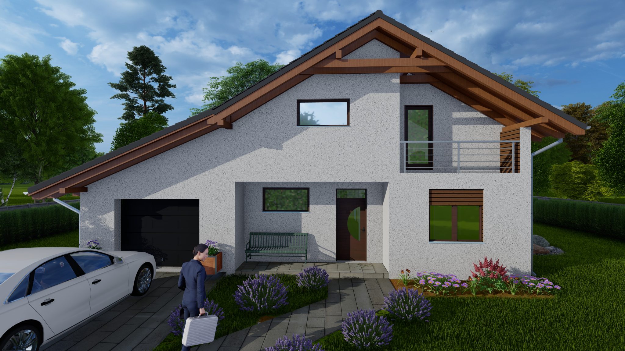 Bungalov domy Dvojpodlažný dom 001 je samostatne stojaci dom bez podpivničenia. Je vhodný na rovinatý alebo mierne svahovitý terén. Dom je strednej veľkosti a je určený pre 5 až 7-člennú rodinu. Jeho vnútorné priestory sú praktické a pohodlné. Prízemie je riešené ako denná časť domu, ktorú tvorí zádverie, kuchyňa s komorou a jedálňou, obývacia izba a hosťovská izba (alebo spálňa rodičov). Môže to byť aj pracovňa. Na prízemí je tiež kúpeľňa s WC, garáž s kotolňou. Z obývacej izby vedie východ na terasu. Poschodie je riešené ako nočná časť domu a tvoria ho tri izby s výstupom na balkón, kúpeľňa, WC, šatník a schodisko. Dom je postavený z klasických materiálov. Steny sú z keramických tehál alebo tvárnic. Strop je z betónových tvárnic. Strecha je z dreva a pokrytá betónovými alebo keramickými škridlami.