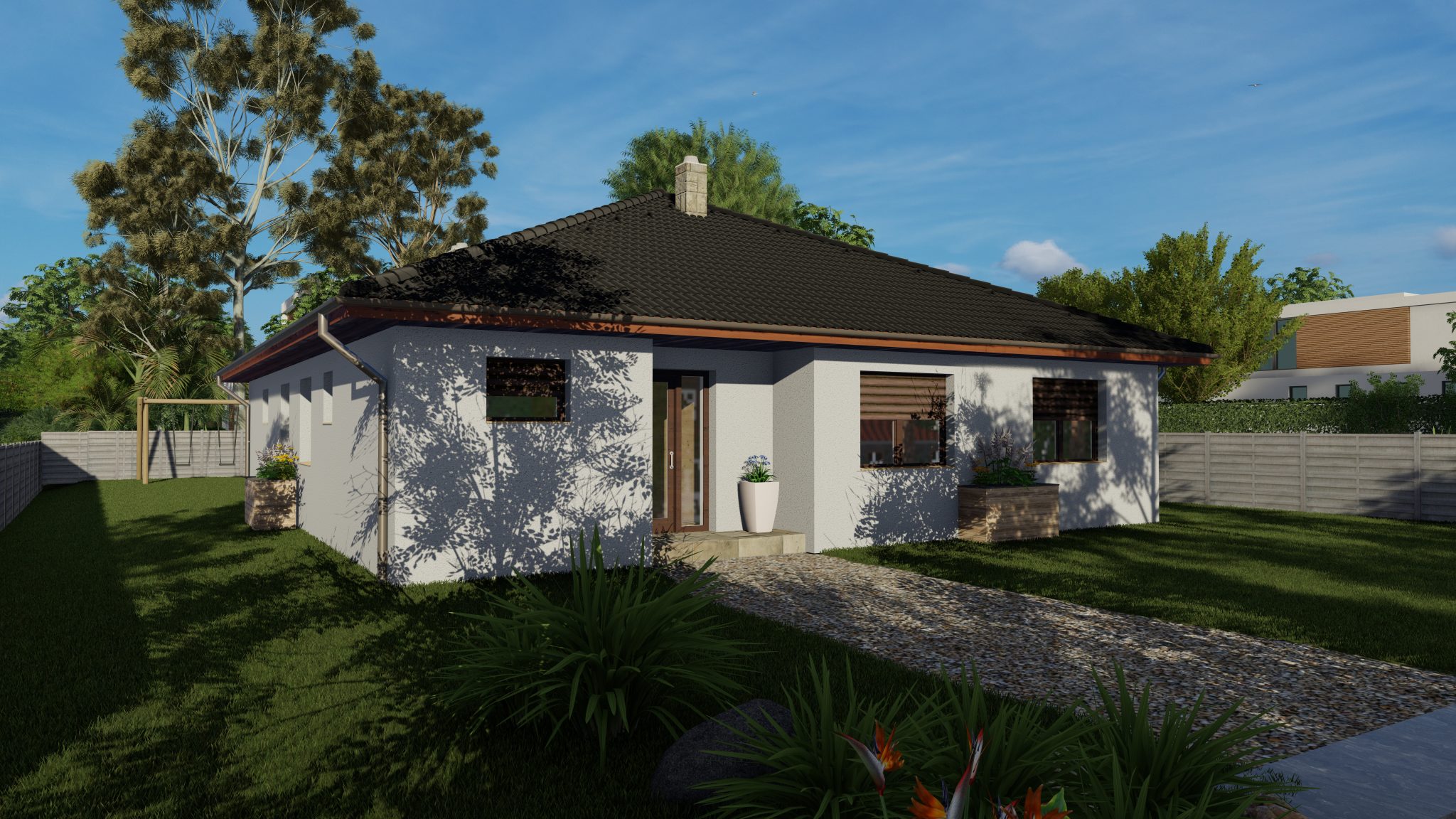 BUNGALOV 004 je dom strednej veľkosti. Tento dom je vhodný pre rodiny s 4 až 5 členmi. Je to prízemný a samostatne stojaci dom bez pivnice. Najlepšie sa hodí do rovinatého alebo mierne svahovitého terénu. Dispozícia domu je rozdelená na dennú a nočnú časť. Vnútri domu sa nachádzajú: zádverie, technická miestnosť, kotolňa, dve izby, spálňa, kúpeľňa s WC, samostatné WC. Kuchyňa je spojená s jedálňou a obývacou izbou. Tento priestor je priestranný a otvorený. Z obývacej izby vedú dvere na krytú terasu. Dom je bezbariérový, čo je vhodné aj pre osoby so zníženou pohybovou schopnosťou. Podkrovie sa dá využiť na skladovanie. Ak máte záujem, je možné pristaviť garáž. Projekt obsahuje klasické stavebné materiály: Steny sú z keramických tehál alebo tvárnic. Strop je zo sadrokartónu. Krov je drevený. Strecha môže byť betónová alebo keramická. Projekt je možné prispôsobiť požiadavkám investora.