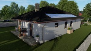 BUNGALOV 004 je dom strednej veľkosti. Tento dom je vhodný pre rodiny s 4 až 5 členmi. Je to prízemný a samostatne stojaci dom bez pivnice. Najlepšie sa hodí do rovinatého alebo mierne svahovitého terénu. Dispozícia domu je rozdelená na dennú a nočnú časť. Vnútri domu sa nachádzajú: zádverie, technická miestnosť, kotolňa, dve izby, spálňa, kúpeľňa s WC, samostatné WC. Kuchyňa je spojená s jedálňou a obývacou izbou. Tento priestor je priestranný a otvorený. Z obývacej izby vedú dvere na krytú terasu. Dom je bezbariérový, čo je vhodné aj pre osoby so zníženou pohybovou schopnosťou. Podkrovie sa dá využiť na skladovanie. Ak máte záujem, je možné pristaviť garáž. Projekt obsahuje klasické stavebné materiály: Steny sú z keramických tehál alebo tvárnic. Strop je zo sadrokartónu. Krov je drevený. Strecha môže byť betónová alebo keramická. Projekt je možné prispôsobiť požiadavkám investora.