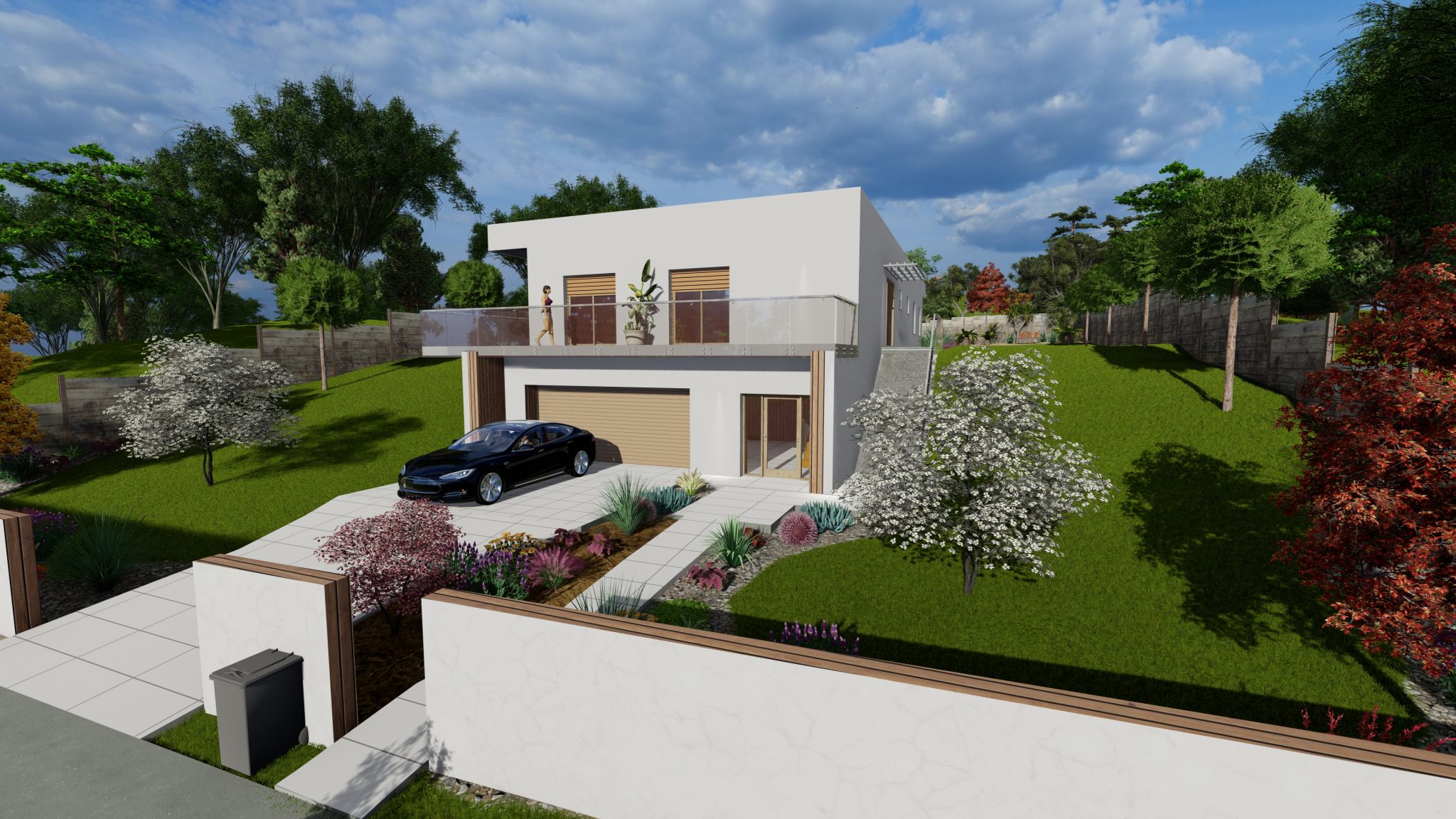 Bungalov009 BUNGALOW 008 je moderný jednopodlažný dom s plochou strechou a je navrhnutý tak, aby dokonale zapadol do svahovitého terénu, pričom využíva prirodzený sklon pozemku na optimalizáciu rozloženia a funkčnosti priestoru. Dom je podpivničený, čo poskytuje priestranný podzemný priestor