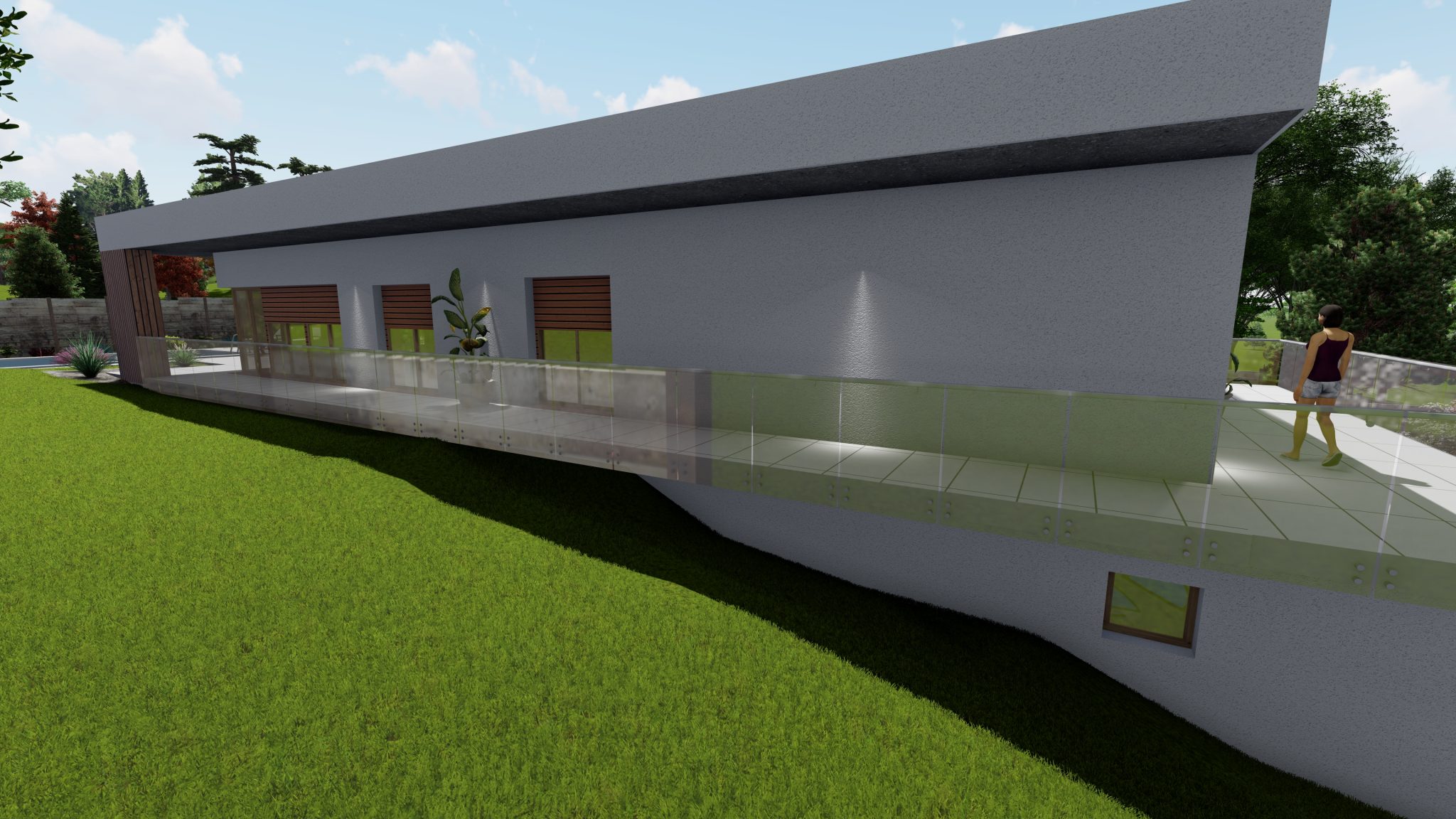 Bungalov008 BUNGALOW 008 je moderný jednopodlažný dom s plochou strechou a je navrhnutý tak, aby dokonale zapadol do svahovitého terénu, pričom využíva prirodzený sklon pozemku na optimalizáciu rozloženia a funkčnosti priestoru. Dom je podpivničený, čo poskytuje priestranný podzemný priestor