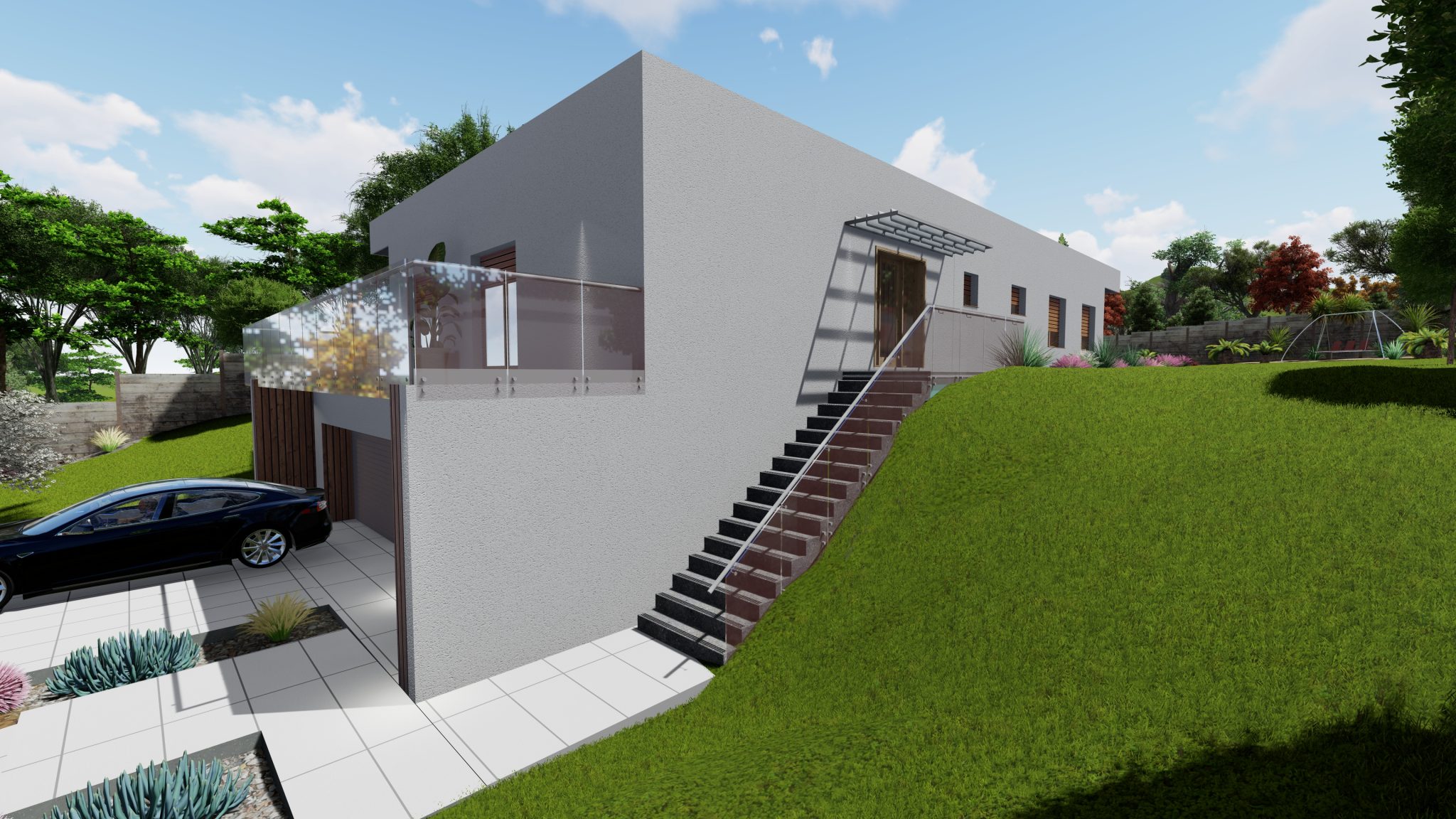 Bungalov008 BUNGALOW 008 je moderný jednopodlažný dom s plochou strechou a je navrhnutý tak, aby dokonale zapadol do svahovitého terénu, pričom využíva prirodzený sklon pozemku na optimalizáciu rozloženia a funkčnosti priestoru. Dom je podpivničený, čo poskytuje priestranný podzemný priestor