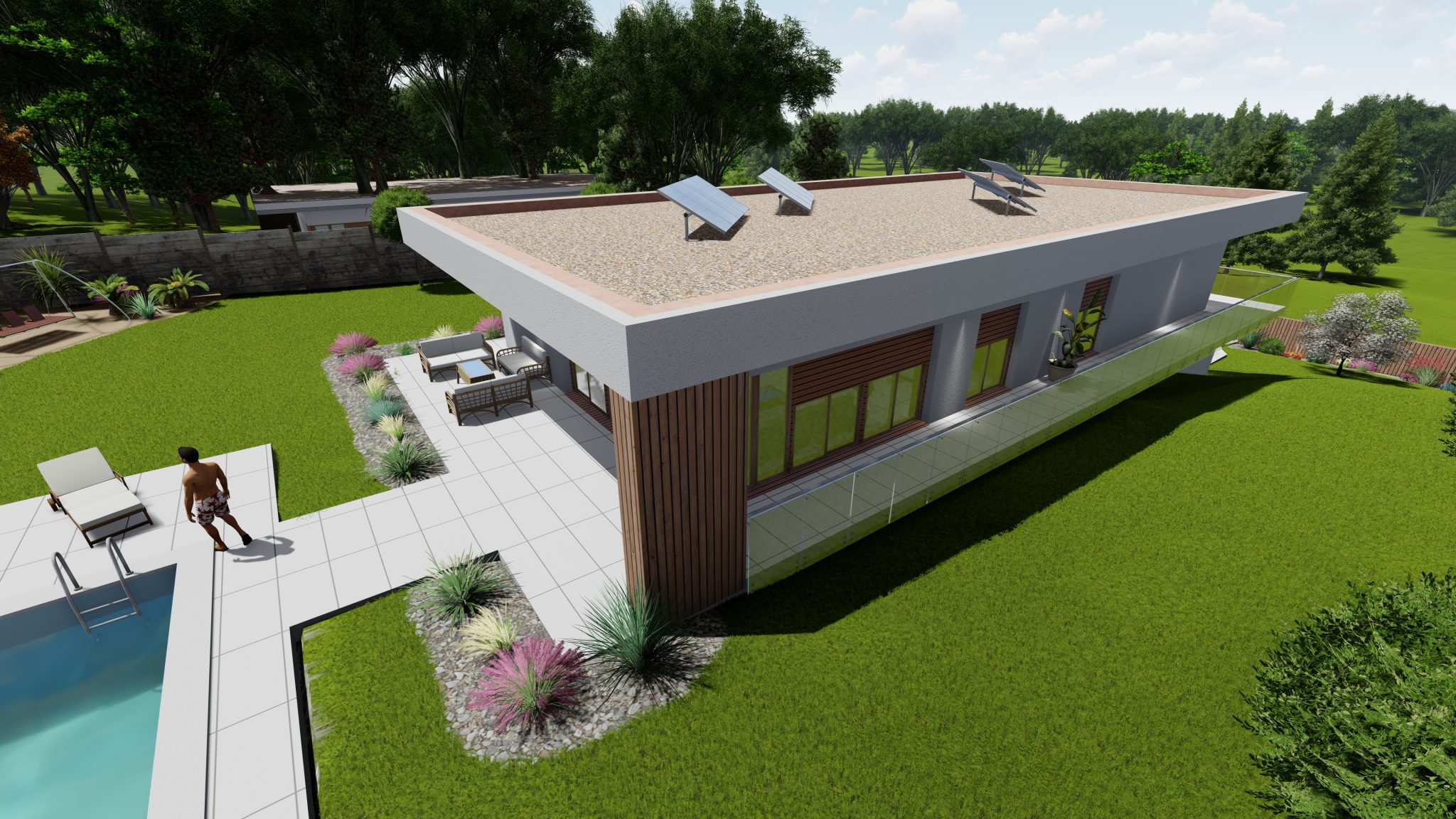 Bungalov008 BUNGALOW 008 je moderný jednopodlažný dom s plochou strechou a je navrhnutý tak, aby dokonale zapadol do svahovitého terénu, pričom využíva prirodzený sklon pozemku na optimalizáciu rozloženia a funkčnosti priestoru. Dom je podpivničený, čo poskytuje priestranný podzemný priestor