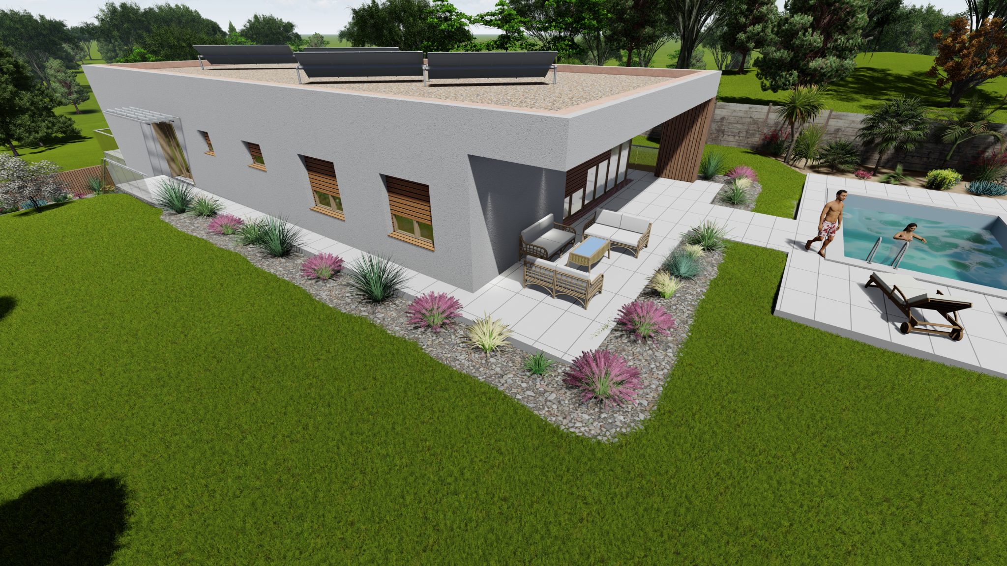 Bungalov008 BUNGALOW 008 je moderný jednopodlažný dom s plochou strechou a je navrhnutý tak, aby dokonale zapadol do svahovitého terénu, pričom využíva prirodzený sklon pozemku na optimalizáciu rozloženia a funkčnosti priestoru. Dom je podpivničený, čo poskytuje priestranný podzemný priestor