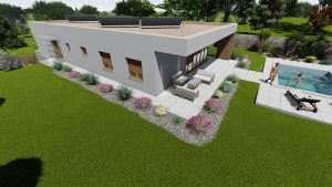 Bungalov008 BUNGALOW 008 je moderný jednopodlažný dom s plochou strechou a je navrhnutý tak, aby dokonale zapadol do svahovitého terénu, pričom využíva prirodzený sklon pozemku na optimalizáciu rozloženia a funkčnosti priestoru. Dom je podpivničený, čo poskytuje priestranný podzemný priestor