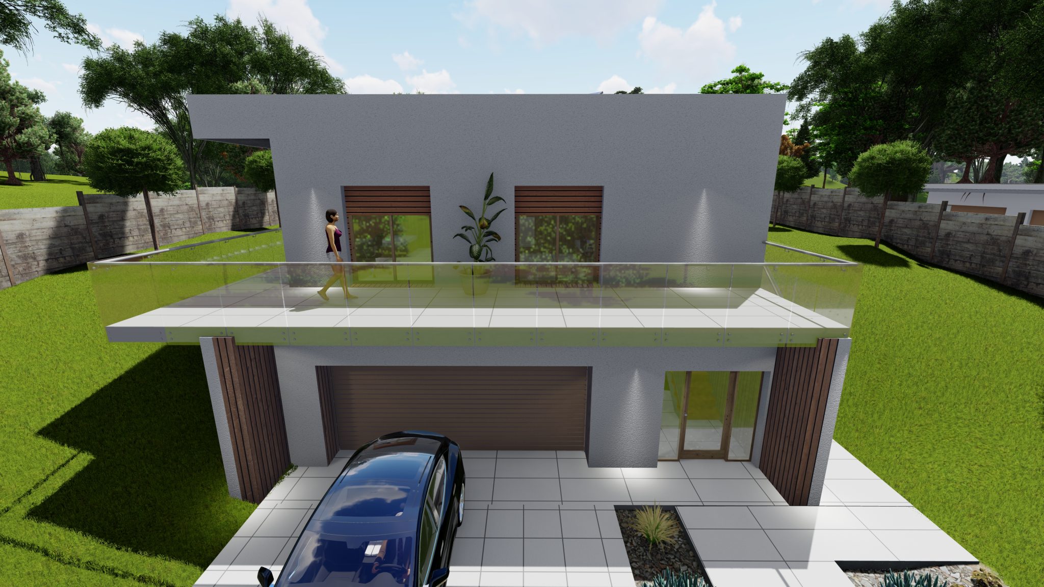 Bungalov008 BUNGALOW 008 je moderný jednopodlažný dom s plochou strechou a je navrhnutý tak, aby dokonale zapadol do svahovitého terénu, pričom využíva prirodzený sklon pozemku na optimalizáciu rozloženia a funkčnosti priestoru. Dom je podpivničený, čo poskytuje priestranný podzemný priestor