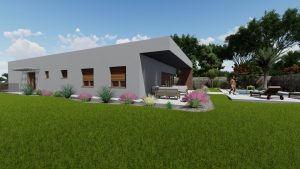 Bungalov008 BUNGALOW 008 je moderný jednopodlažný dom s plochou strechou a je navrhnutý tak, aby dokonale zapadol do svahovitého terénu, pričom využíva prirodzený sklon pozemku na optimalizáciu rozloženia a funkčnosti priestoru. Dom je podpivničený, čo poskytuje priestranný podzemný priestor